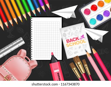Pink satchel and drawing tools Vector realistic top view. Brush, watercolor palette, pencils, crayons. Black background. Detailed 3d illustrations