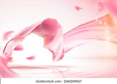 Pink satin background, smooth fabric with shimmering effect and flying petals in 3d illustration