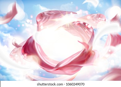 Pink satin decoration, smooth fabric with shimmering effect and flying feathers in 3d illustration, blue sky background