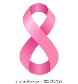 Pink satin figure-eight ribbon. March 8. Vector illustration isolated on white background.