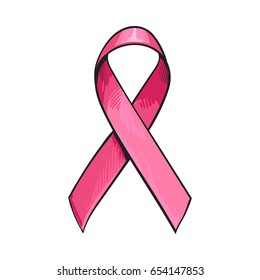 Pink Satin Ribbon, Breast Cancer Awareness Symbol, Sketch Vector Illustration Isolated On White Background. Hand Drawn Pink Ribbon, Breast Cancer Awareness Sign