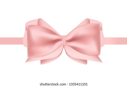 Pink satin ribbon decorated with bow. Posh decorative design element. Elegant glossy silk decoration for holiday gift package isolated on white background. Colorful realistic vector illustration.