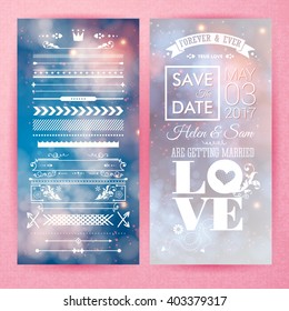 Pink save the date marriage, forever and ever calendar invitation with borders and frame for graphic design