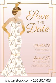 Pink Save the Date Wedding Invitation Design with Woman in Bridal Wedding Dress