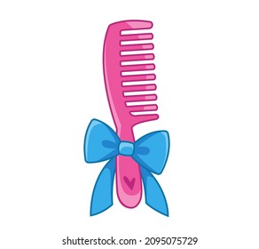 Pink scallop with a blue bow. Vector illustration of a girl's hair accessory in a cartoon children's style. Isolated cute clipart on a white background. Colored art with an outline.