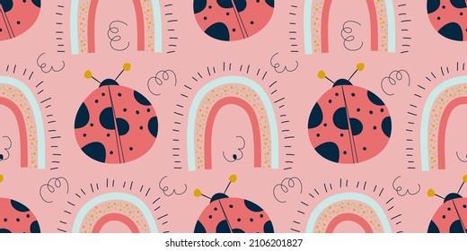Patrón escandinavo rosado con pájaro almizano y arco iris. Patrón sin problemas con ladybug para la primavera. La primavera escandinava del Boho para el diseño de los niños. Diseño sencillo, sencillo y plano.
