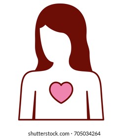 pink and scarlet red sections silhouette of faceless female half body and and heart in chest vector illustration