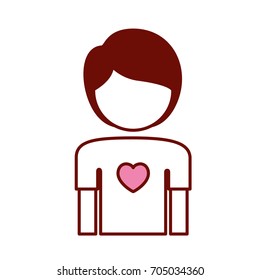 pink and scarlet red sections silhouette of faceless boy half body with heart in chest vector illustration