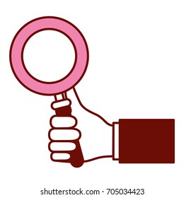 pink and scarlet red sections silhouette of hand holding magnifying glass vector illustration