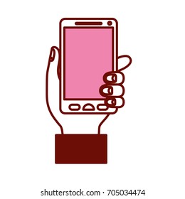 pink and scarlet red sections silhouette of hand holding smartphone vector illustration