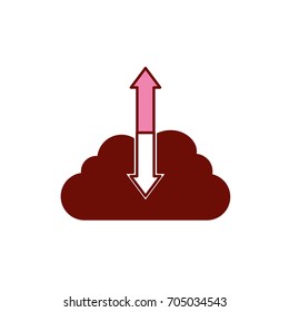 pink and scarlet red sections silhouette of cloud service with download and upload arrow icon vector illustration
