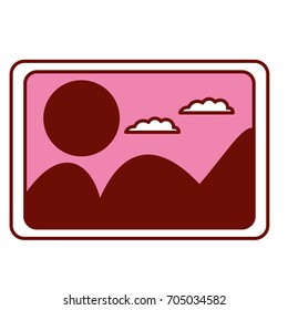 pink and scarlet red sections silhouette of picture with landscape with mountains and sun and clouds vector illustration