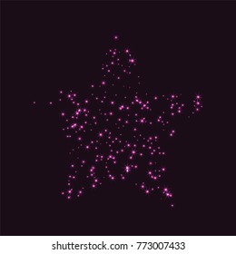 Pink scattered chaotically confetti stars on a dark maroon background. Luxury festive background. Element of design. It is suitable for business cards, banners, posters. Vector illustration, EPS 10.