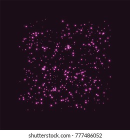 Pink scattered chaotically confetti stars on a dark maroon background. Luxury festive background. Element of design. It is suitable for business cards, banners, posters. Vector illustration, EPS 10.