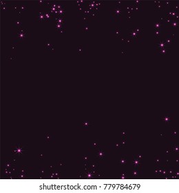 Pink scattered chaotically confetti stars on a dark maroon background. Luxury festive background. Element of design. It is suitable for business cards, banners, posters. Vector illustration, EPS 10.