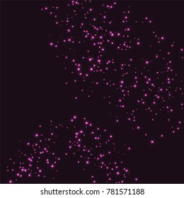 Pink scattered chaotically confetti stars on a dark maroon background. Luxury festive background. Element of design. It is suitable for business cards, banners, posters. Vector illustration, EPS 10.