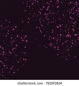 Pink scattered chaotically confetti stars on a dark maroon background. Luxury festive background. Element of design. It is suitable for business cards, banners, posters. Vector illustration, EPS 10.