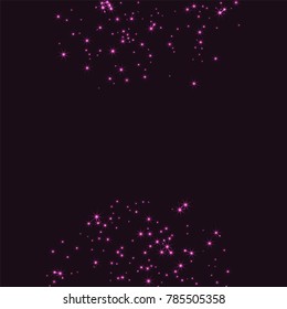 Pink scattered chaotically confetti stars on a dark maroon background. Luxury festive background. Element of design. It is suitable for business cards, banners, posters. Vector illustration, EPS 10.