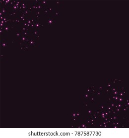 Pink scattered chaotically confetti stars on a dark maroon background. Luxury festive background. Element of design. It is suitable for business cards, banners, posters. Vector illustration, EPS 10.