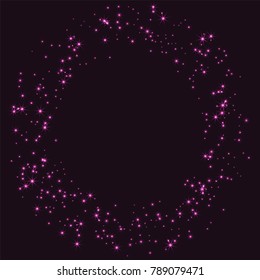 Pink scattered chaotically confetti stars on a dark maroon background. Luxury festive background. Element of design. It is suitable for business cards, banners, posters. Vector illustration, EPS 10.