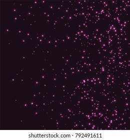 Pink scattered chaotically confetti stars on a dark maroon background. Luxury festive background. Element of design. It is suitable for business cards, banners, posters. Vector illustration, EPS 10.