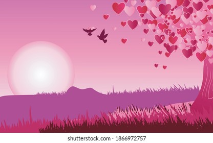 pink scenic background with sun and love tree