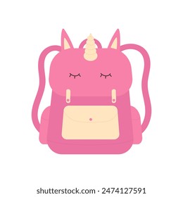 Pink school backpack, bag with unicorn and pockets for girl student vector illustration