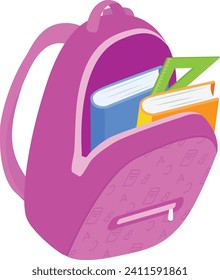 Pink school backpack with books and ruler sticking out. Education essentials for students. Back to school supplies vector illustration.