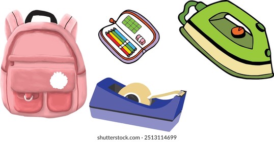 Una mochila escolar rosa, un kit de papelería colorido, hierro verde y dispensador de cinta azul, cada uno ilustrado en un estilo de dibujos animados simple sobre un fondo blanco.