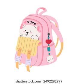 Pink school backpack for girl. Child satchel with white cat. Fashionable youth design. Back to school concept. Education and study learning. Cute accessory keychain. Vector flat illustration.