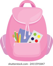 Mochila de escuela rosa con bolsillo abierto que muestra cuadernos, lápices y paleta de acuarela. De vuelta al concepto escolar y el material artístico ilustran vectores.