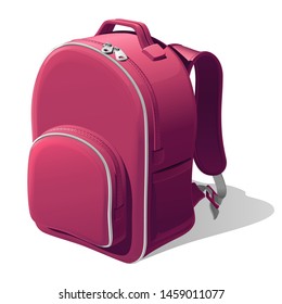 Pink school backpack with shoulder straps and a zipper, isolated on a white background with a shadow
