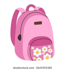
Pink school backpack vector with floral front pocket and girly design. Cute back to school illustration of a pink student bag with daisy flower print, front zipper compartment.