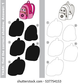 Pink School Bag. with different shadows to find the correct one. Compare and connect object with it true shadow. Easy educational kid gaming. Simple level of difficulty. Visual game for children.