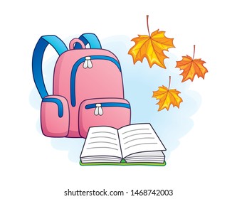 Pink school bag, open book and falling maple leaves illustration.