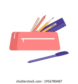 Pink school pencil case with school stationery such as pens, pencils, ruler, markers, eraser. The concept of September 1 is to go to school. flat vector illustration isolated