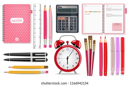Pink school supplies Vector realistic. Alarm clock, calculator, notebook and pen tools. Detailed 3d illustrations