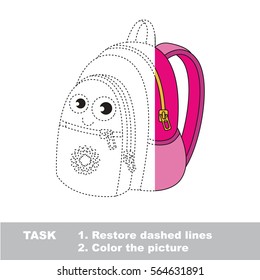 Pink schoolbag. Dot to dot educational game for kids. Half tracing worksheet to be colored.