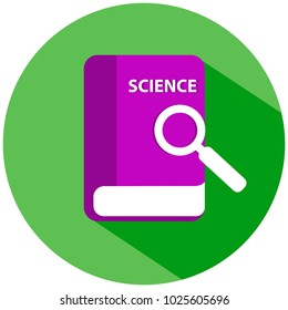 A pink science book in a green circle, isolated on white background. Vector icon.
