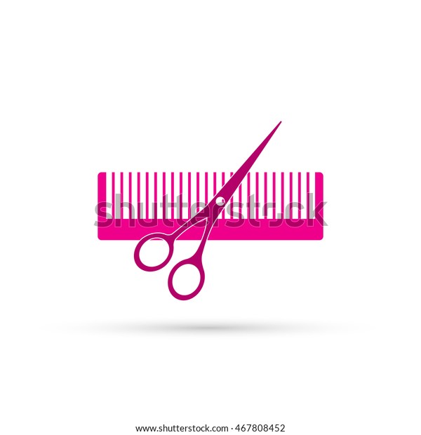 pink scissors and\
comb on white background.