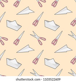 pink scissors,paper planes,paper boats object seamless pattern, vector illustration