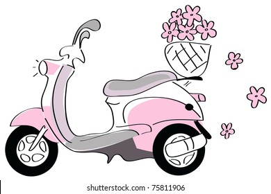 Pink scooter with basket of flowers