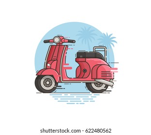 Pink scooter riding fast. Motor bike on road trip vector illustration. Motorcycle in motion on tropical seaside background. Retro motorbike in flat design.