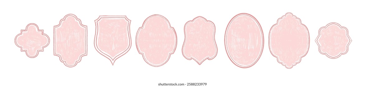 Pink scribble frame set, pencil doodle vector border, romantic cute hand drawn wedding kit design. Wax crayon hatched texture shield, abstract geometric grunge shape elements. Vintage scribble frame