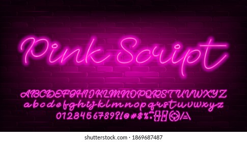 Pink Script Alphabet Font. Pink Neon Light Letters, Numbers And Symbols. Brick Wall Background. Stock Vector Typescript For Your Design.