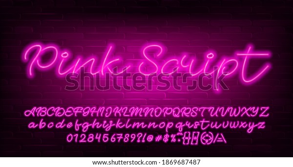 Pink Script alphabet font. Pink neon light\
letters, numbers and symbols. Brick wall background. Stock vector\
typescript for your\
design.