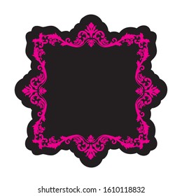 pink scroll frame with flourish elements on the black background, vector