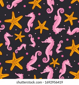 Pink sea horse and sea stars. Vector seamless pattern on black background. Illustration for summer scrapbooking, gift wrap, kids fashion prints, beach apparel. Cartoon style.