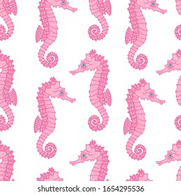 Pink sea horse vector seamless pattern on white background. Illustration for summer scrapbooking,  Gift Wrap, Kids Fashion Prints, Beach Apparel. Cartoon style.