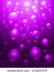 Pink sea landscape underwater space, realistic vector, abstract underwater background with sunlight and air bubbles in water.